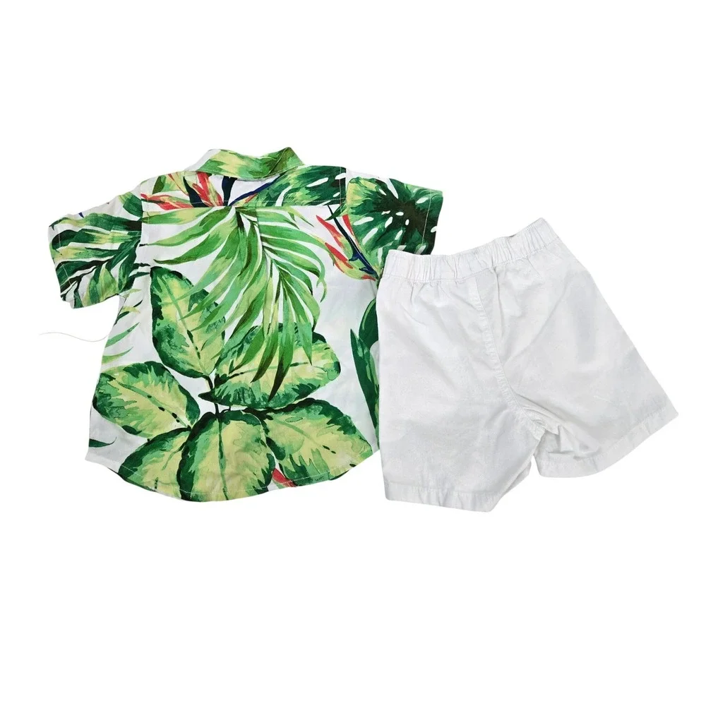 Childrens Place Baby Boy Tropical Poplin Button Up Shirt White Shorts Set 9-12Mo